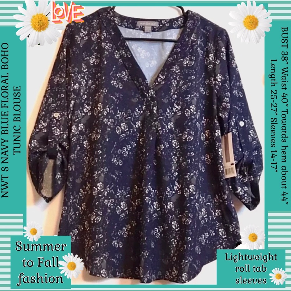 ‼️ON SALE‼️NWT S FLORAL BOHO BLOUSE COTTAGECORE NAVY&IVORY FROM PEACE & PEARLS